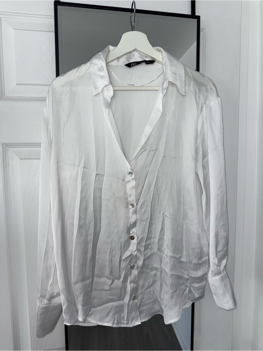 Zara White Satin Button-Up Shirt